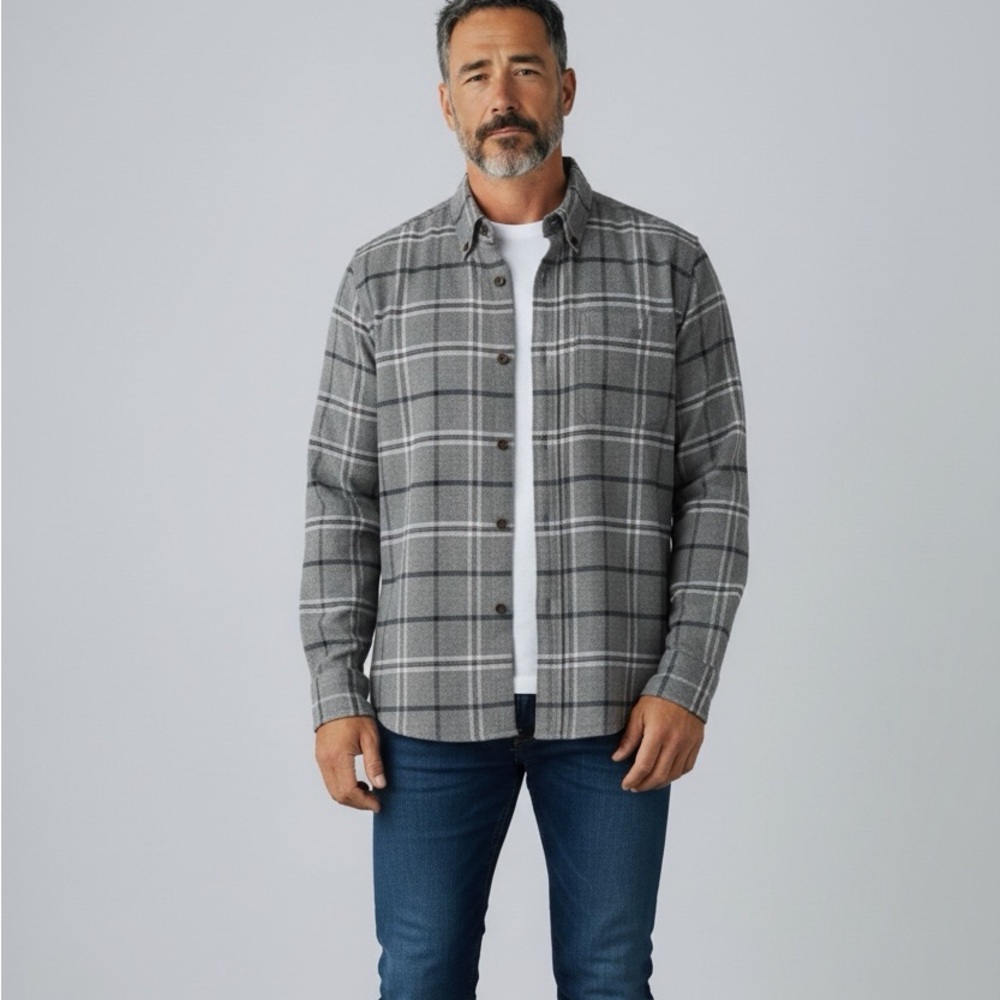 Orvis Signature Collection Black and Gray Windowpane Plaid Flannel Shirt - XL